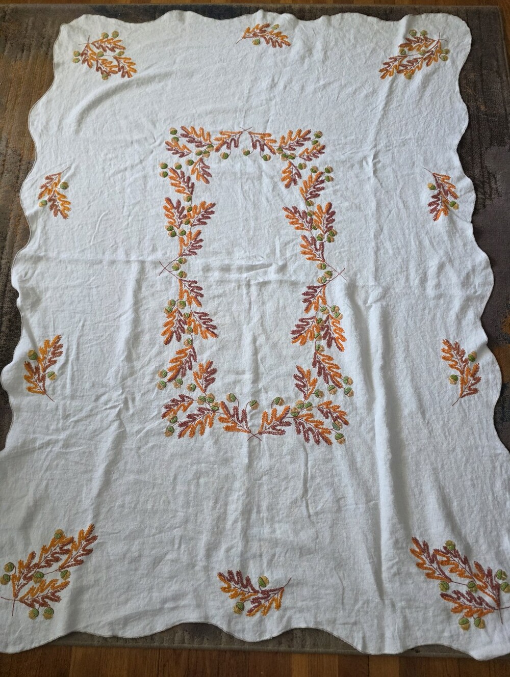 Vintage 60s 70s Hand Embroidered Flax Linen Tablecloth